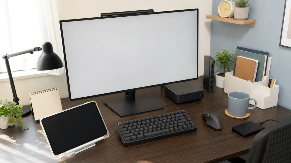 モニターとタブレットを置いた作業デスク