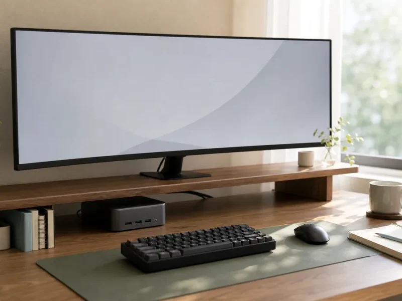 ミニPCとウルトラワイドモニター、メカニカルキーボードを置いた在宅ワークのデスク