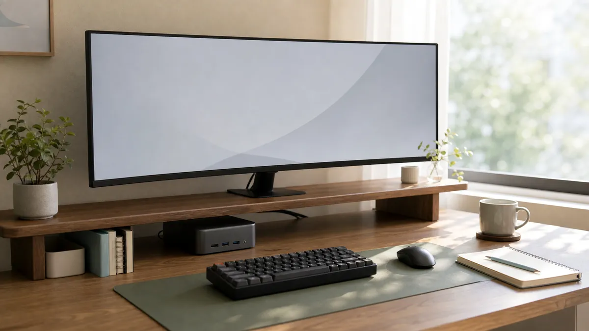 ミニPCとウルトラワイドモニター、メカニカルキーボードを置いた在宅ワークのデスク