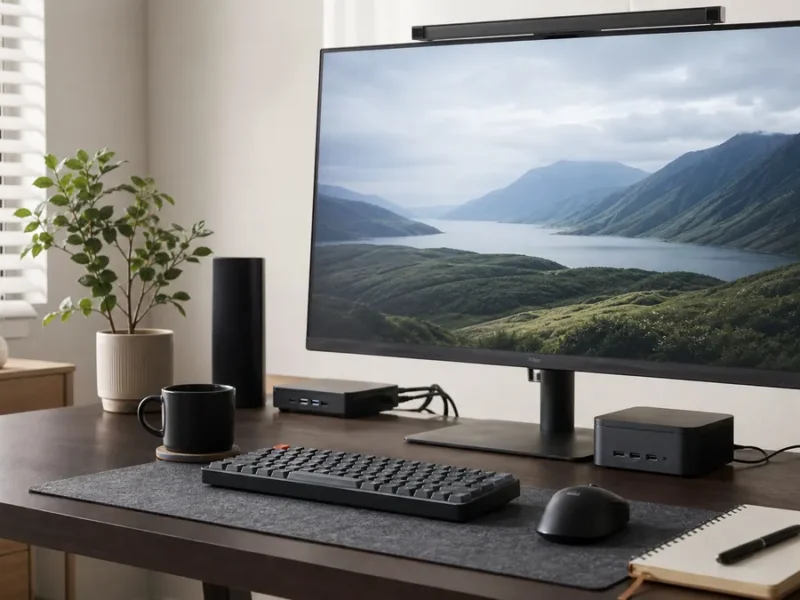 ミニPCとモニターを置いた在宅ワーク用デスク