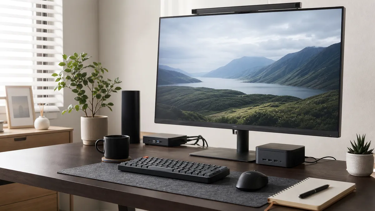 ミニPCとモニターを置いた在宅ワーク用デスク
