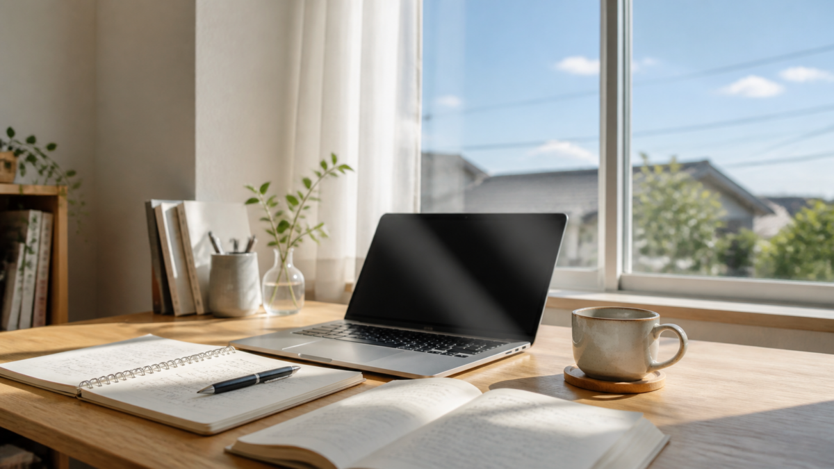 窓から青空が見える明るい作業机とノートPC