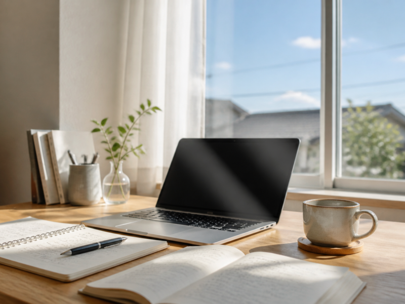 窓から青空が見える明るい作業机とノートPC
