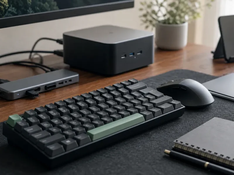 キーボードとミニPCを置いた作業デスク