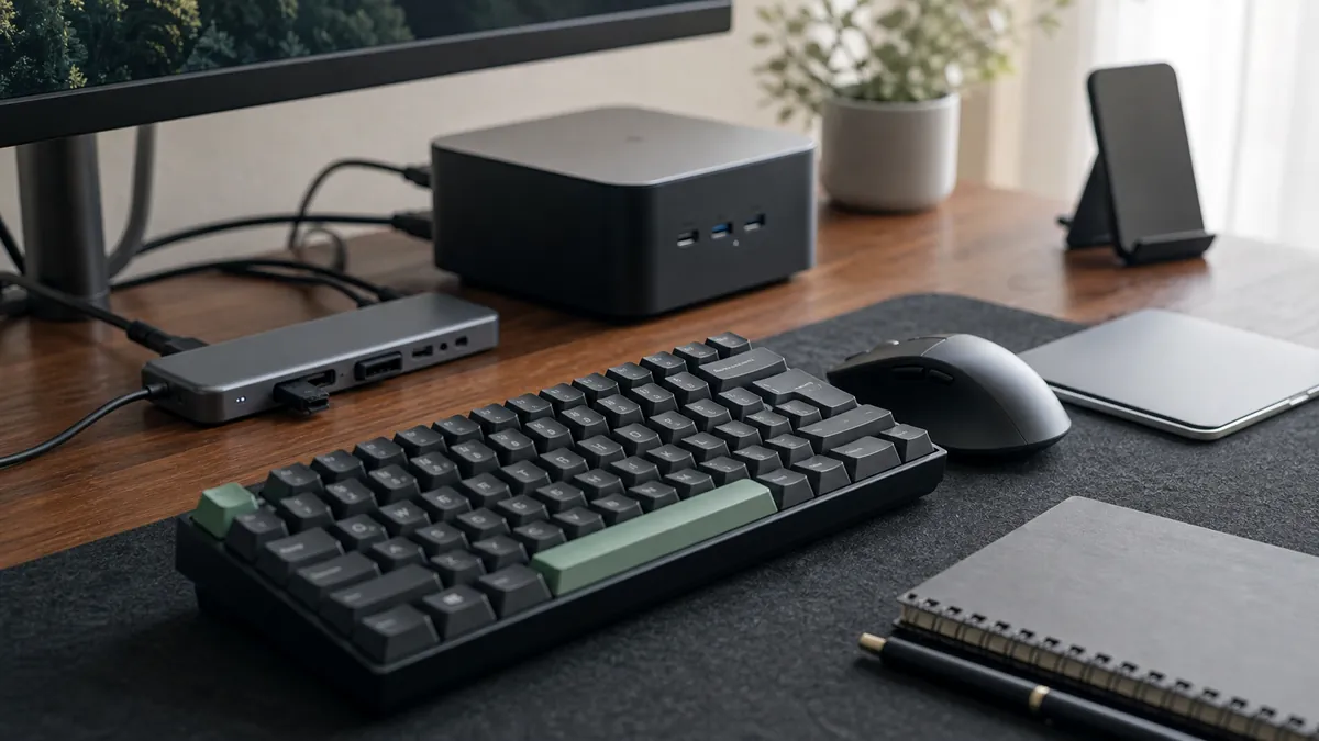 キーボードとミニPCを置いた作業デスク