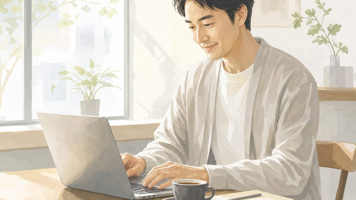 男性がカフェでノートパソコンを操作している