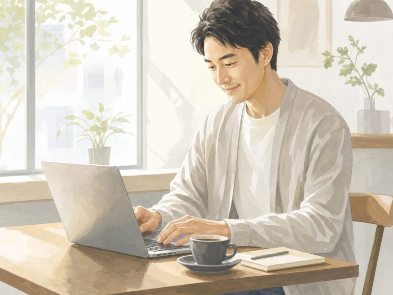 男性がカフェでノートパソコンを操作している