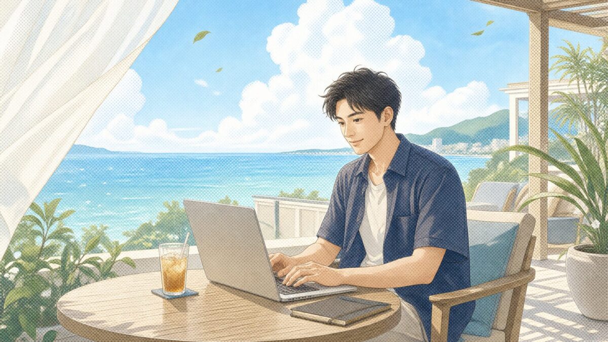 男性が海辺でパソコンを使って仕事している。AIエージェントを使って快適に仕事している。