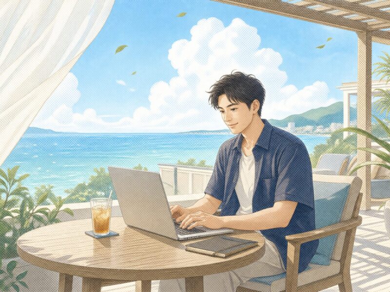 男性が海辺でパソコンを使って仕事している。AIエージェントを使って快適に仕事している。