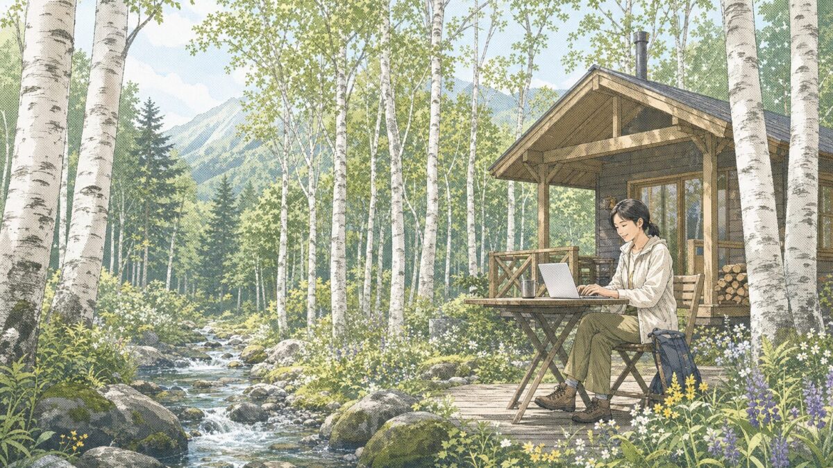 休みにコテージでデイトラのWeb制作コースの動画を見ながらノートパソコンを使って学習している女性。