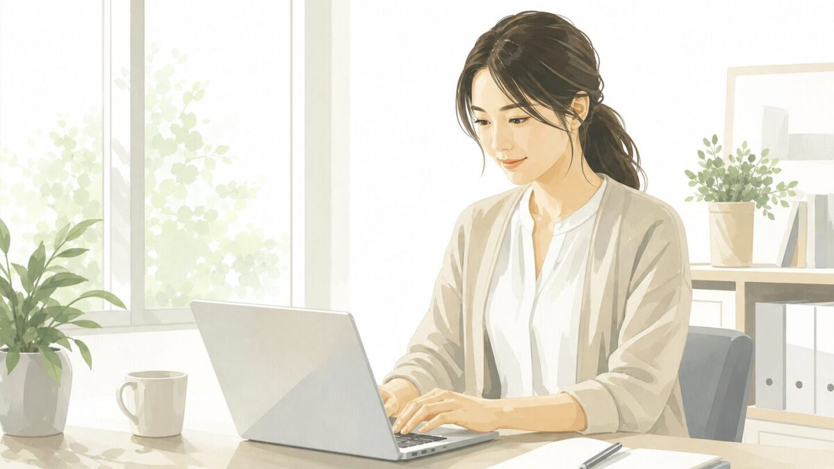 女性がオフィスでパソコンを使って仕事している